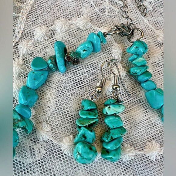 Vintage 80's Hypoallergenic Turquoise Tumbled Stone Necklace & Earring Set - Picture 4 of 10